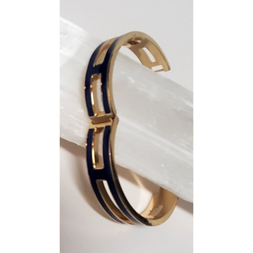 J. Crew Bracelet Hinged with Lock Navy Blue Enamel Gold Pierced Panels Bordered - Picture 6 of 12